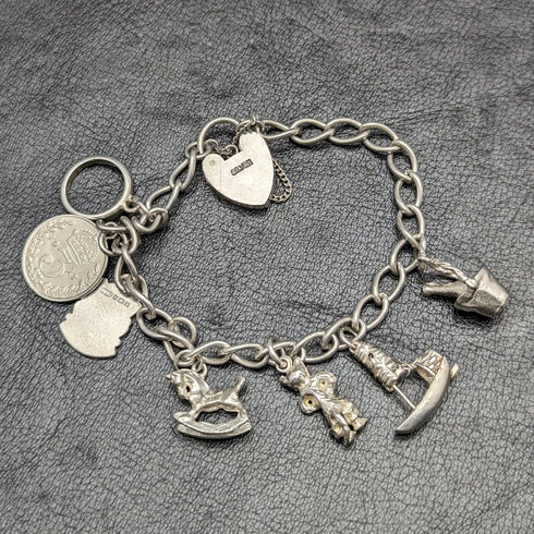 British vintage sterling silver charm bracelet 19g